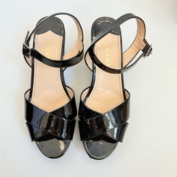 Prada Black Patent leather Wedge peep toe Criss cross sandals EU 40 - Picture 2 of 8